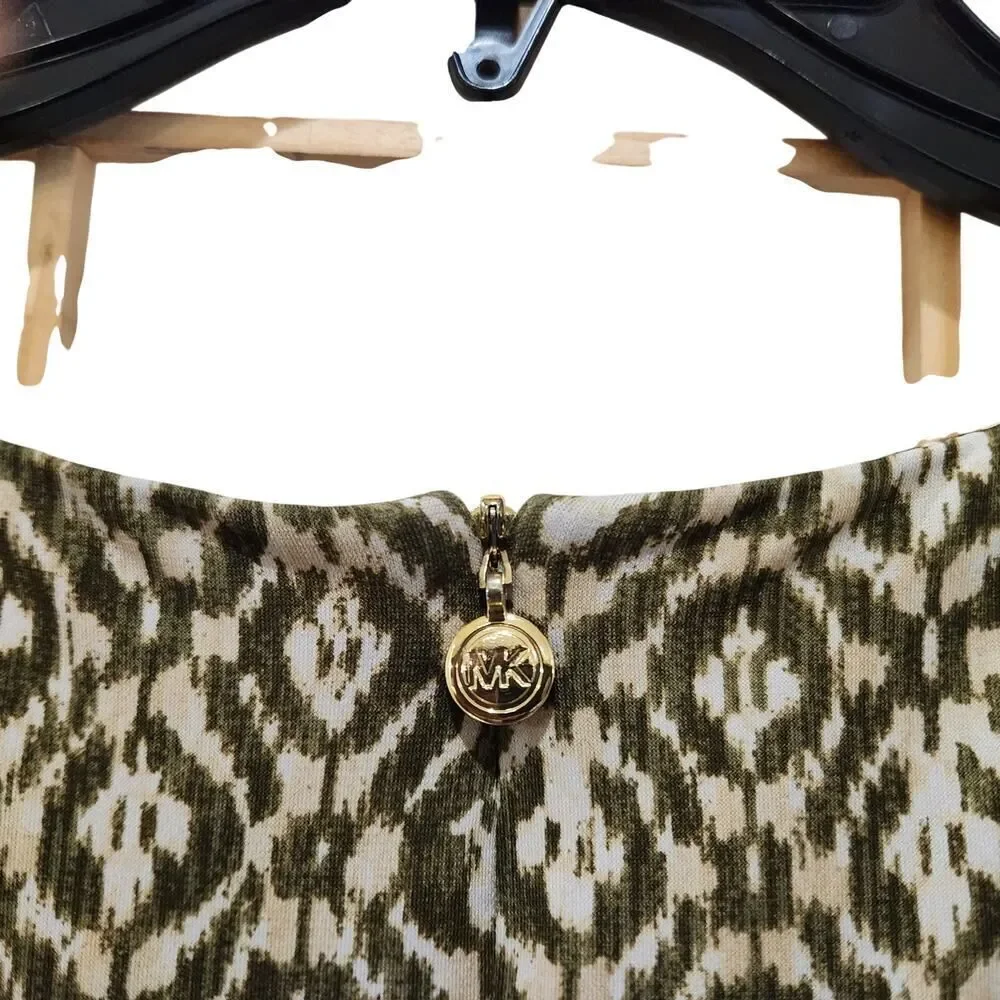 Michael Kors Green White Print Gathered Waist Dress Sz L